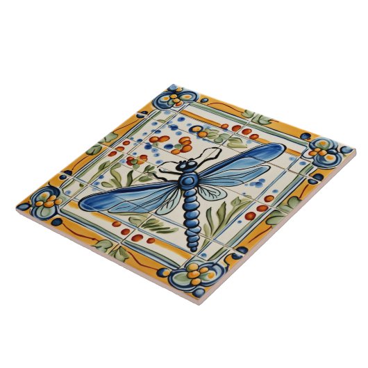 Dragonfly Mediterranes Insekt Gelb & Blau Fliese (Seite)