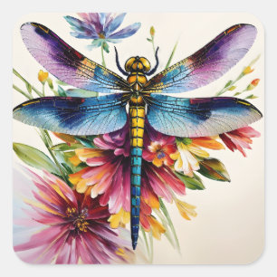 Dragonfly mit Blume Multicolor Art Quadratischer Aufkleber