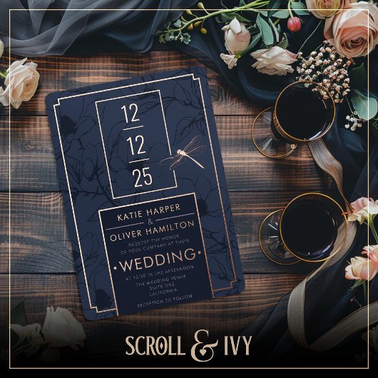 Dragonfly & Modern Blue Floral Foil Einladung