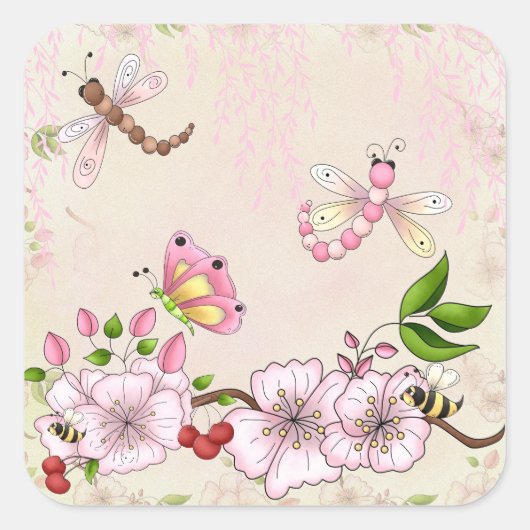 Dragonfly Pink Cherry Blossom Geschichte Illustrat Quadratischer Aufkleber (Vorderseite)