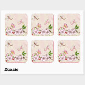 Dragonfly Pink Cherry Blossom Geschichte Illustrat Quadratischer Aufkleber (Blatt)