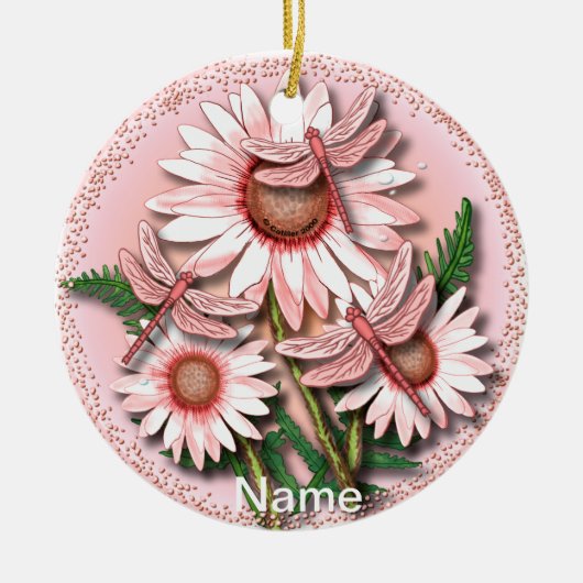 Dragonfly Pink Daisies Keramik Ornament (Vorne)
