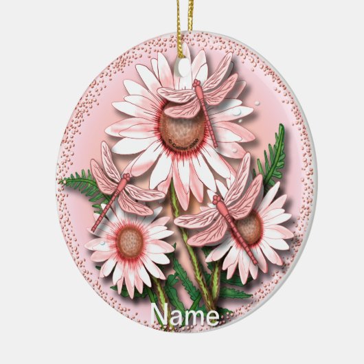 Dragonfly Pink Daisies Keramik Ornament (Links)