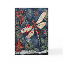 Dragonfly Poinsettia Berries Blue Christmas Card