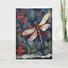 Dragonfly Poinsettia Berries Blue Christmas Card Karte