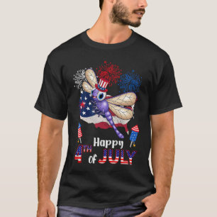 Dragonfly Proud American Flag Feuerwerk glücklich  T-Shirt