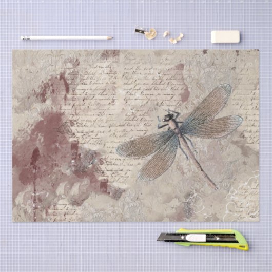 Dragonfly Shabby Mixed Media Script Decoupage Seidenpapier (Handwerk)