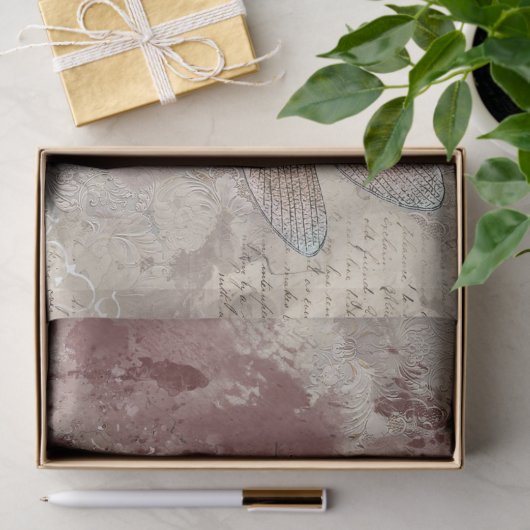 Dragonfly Shabby Mixed Media Script Decoupage Seidenpapier (Geschenk)