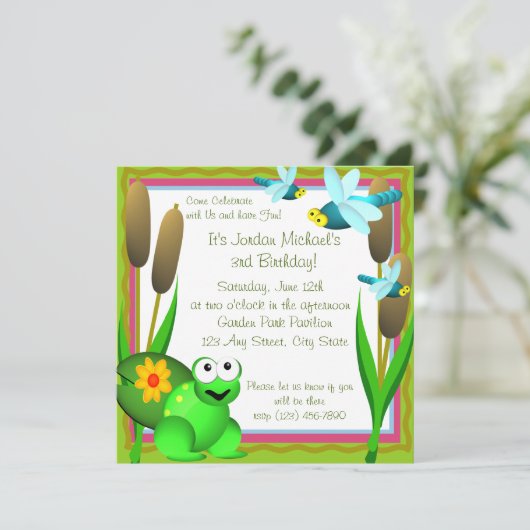 Dragonfly und Frosch/ Geburtstag Einladung (Stehend Vorderseite)
