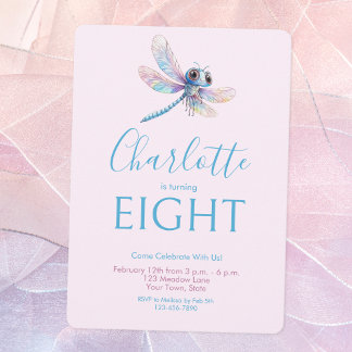 Dragonfly Watercolor Girl Blue Lila Geburtstag Einladung
