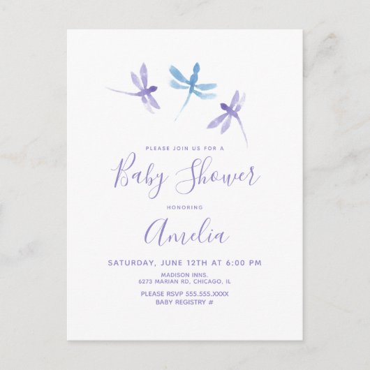 Dragonfly Watercolor Lila Blue Baby Dusche Postkarte (Vorderseite)