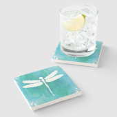 Dragonfly Watercolor White Aqua Steinuntersetzer (Seitenansicht)