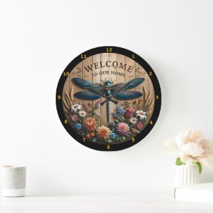 Dragonfly Welcome Floral Zuhause Wall Große Wanduhr