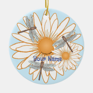 Dragonfly White Daisy Keramik Ornament