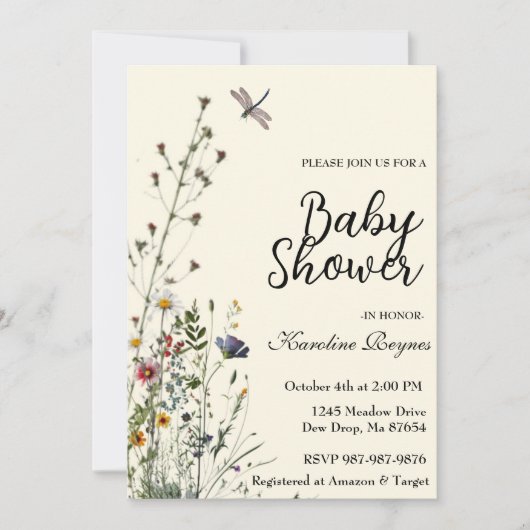 Dragonfly Wildblume Boho Babydusche Einladung (Vorderseite)
