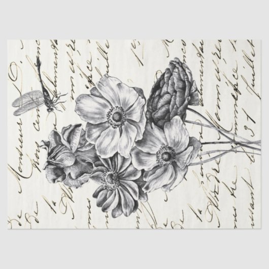 Dragonfly-Wildblume Französisch-Script-Dekoupage-I Seidenpapier (Vorderseite)