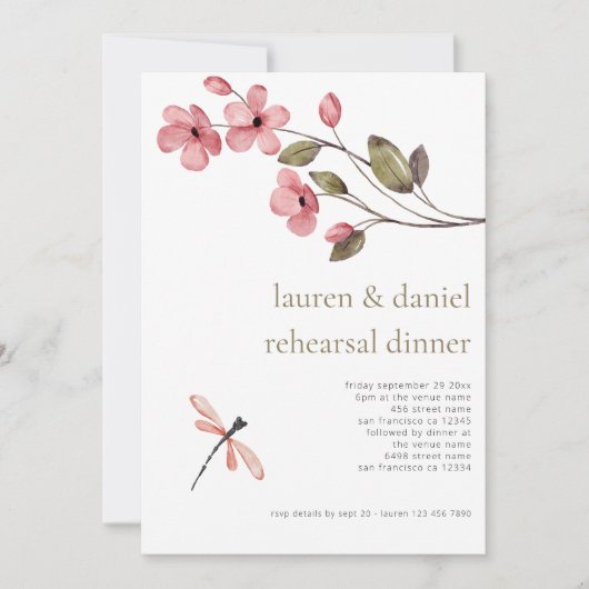 Dragonfly-Wildblume Hochzeit Probe Dinner Einladung (Vorderseite)