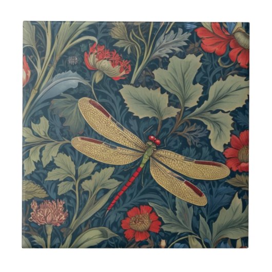 Dragonfly William Morris Stil Rechts Vintag Fliese (Vorderseite)