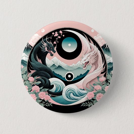 Dragons Blumenberge Rosa Landschaft Aquamarin Button (Vorderseite)