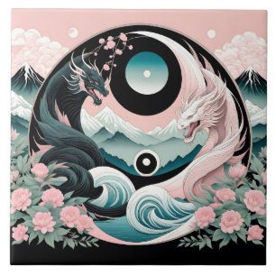 Dragons Blumenberge Rosa Landschaft Aquamarin Fliese