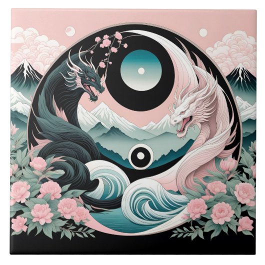 Dragons Blumenberge Rosa Landschaft Aquamarin Fliese (Vorderseite)