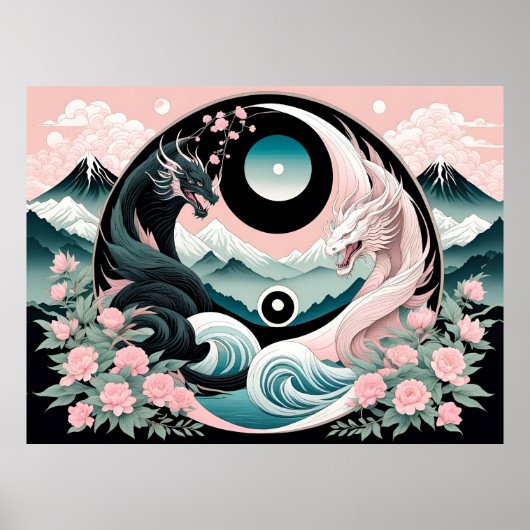 Dragons Blumenberge Rosa Landschaft Aquamarin Poster (Vorne)