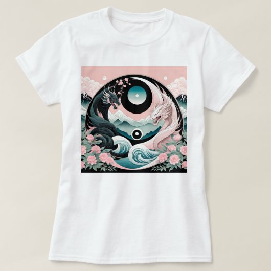 Dragons Blumenberge Rosa Landschaft Aquamarin T-Shirt (Design vorne)