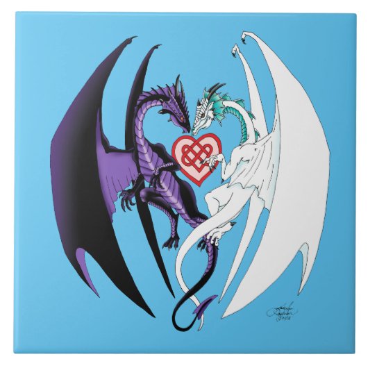 Dragons Liebe Heart Blue Fliese (Vorderseite)