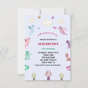 Dragons Watercolor Girl Birthday Einladung