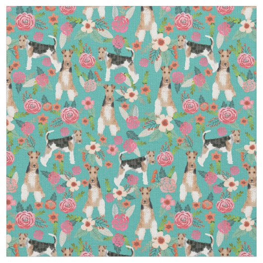 Drahtfuchs-Terraine Vintage Blüten Türkis Stoff (Nahaufnahme)