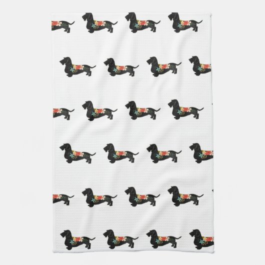 Drahthaar Dackel Bohemische Blumenzubereitung Silh Geschirrtuch (Vertikal)