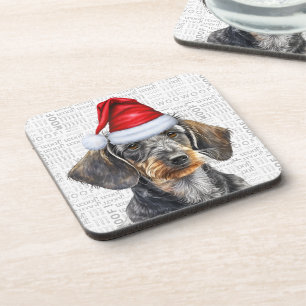 Drahthaar-Dackel-Hund mit Santa-Hut zur Weihnachts Getränkeuntersetzer