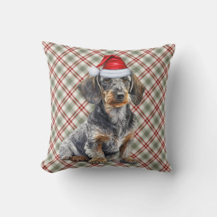 Drahthaar-Dackel und Holiday Plaid Weihnachtshund Kissen