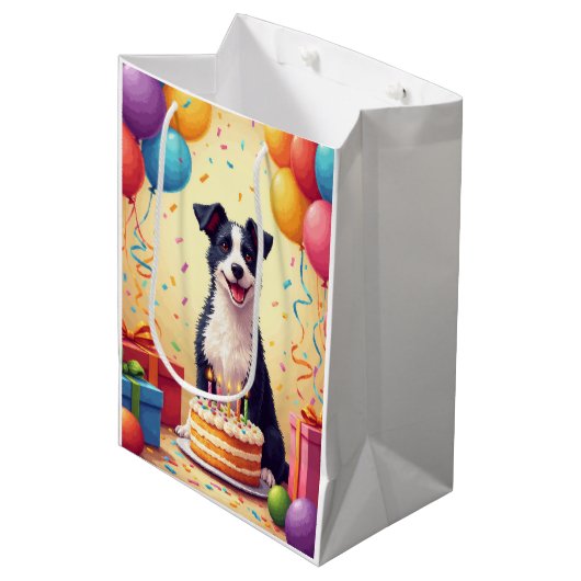 Drahthaar-Fox-Terrier-Geburtstagsfeier Mittlere Geschenktüte (Vorderseite Schrägansicht)