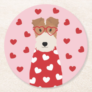 Drahthaar-Fox-Terrier-Hund-Herz-Brille Rosa Rot Runder Pappuntersetzer