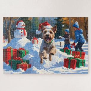 Drahthaar-Fox-Terrier läuft durch Schnee mit Weihn Puzzle