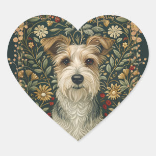 Drahthaar Jack Russell Terrier im Cottagecore-Gart Herz-Aufkleber