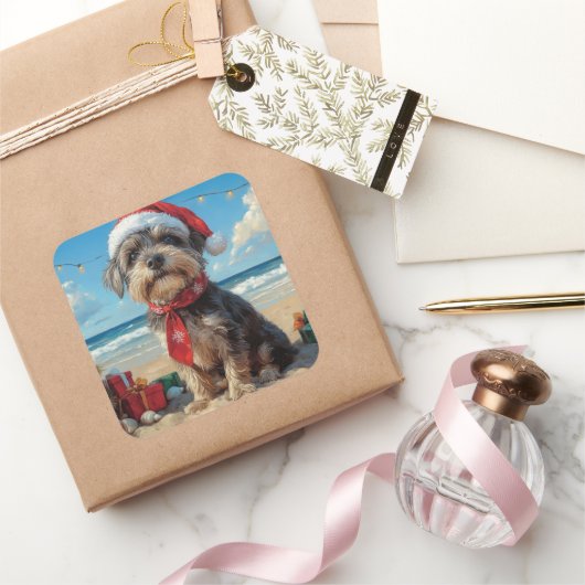 Drahthaar Pointing Griffon Dog Christmas Beach Quadratischer Aufkleber (Schenken)