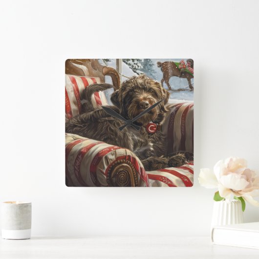 Drahthaar Pointing Griffon Dog Weihnachtsfest Quadratische Wanduhr (Zuhause)
