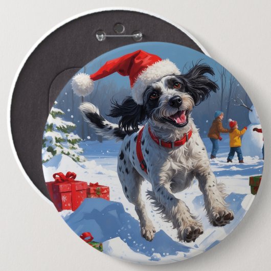 Drahthaar Pointing Griffon in Snow Christmas Hat Button (Vorne & Hinten)