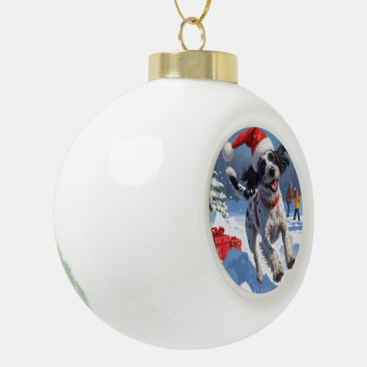 Drahthaar Pointing Griffon in Snow Christmas Hat Keramik Kugel-Ornament (Links)