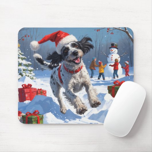 Drahthaar Pointing Griffon in Snow Christmas Hat Mousepad (Mit Mouse)