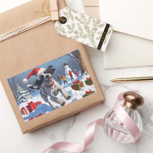 Drahthaar Pointing Griffon in Snow Christmas Hat Rechteckiger Aufkleber (Schenken)