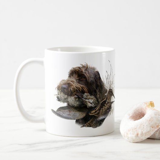 Drahthaar Pointing Griffon, Jagd auf Holzhaken Kaffeetasse (Mit Donut)