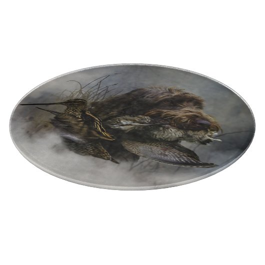 Drahthaar Pointing Griffon, Jagd auf Holzhaken Schneidebrett (Ecke)