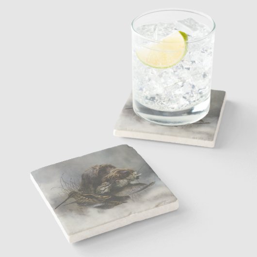 Drahthaar Pointing Griffon, Jagd auf Holzhaken Steinuntersetzer (Seitenansicht)