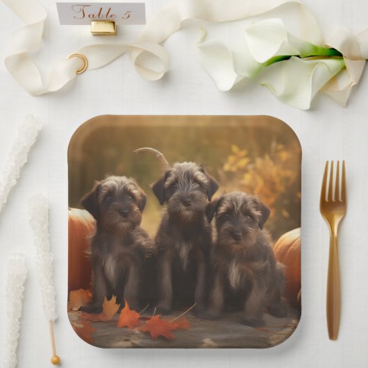 Drahthaar Pointing Griffon Puppy Herbst Pappteller (Hochzeit)