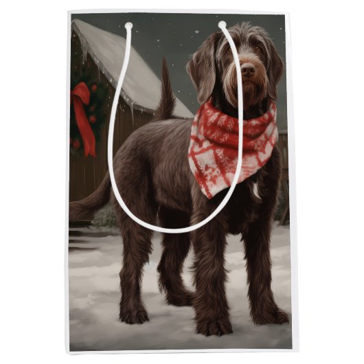 Drahthaar Pointing Hund im Schnee Weihnachten Mittlere Geschenktüte (Vorderseite)