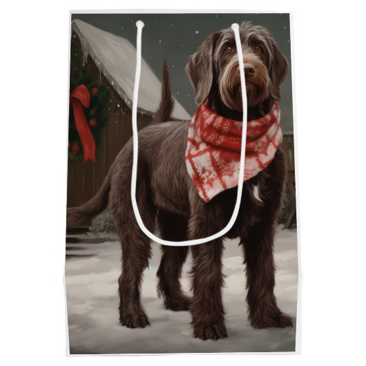 Drahthaar Pointing Hund im Schnee Weihnachten Mittlere Geschenktüte (Rückseite)
