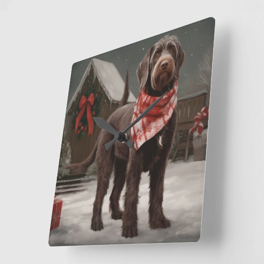 Drahthaar Pointing Hund im Schnee Weihnachten Quadratische Wanduhr (Winkel)